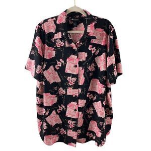 Maggie Barnes Novelty Italian Landscape Floral Button Up Blouse 18W Black Pink